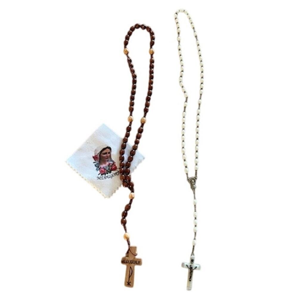 2 Catholic Rosaries Medugorje Wood Beads & White Oval Beads – Vintage Religious